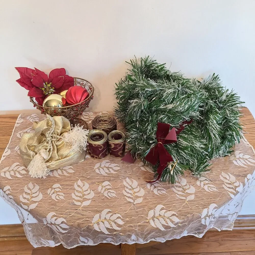 Vintage Holiday Decor Bundle Wire Basket | Garland | Ribbon | Satin Bag | Lace